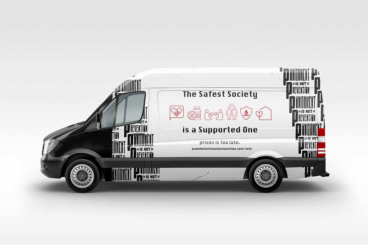 Branded campaign truck mockup with black and white campaign graphics